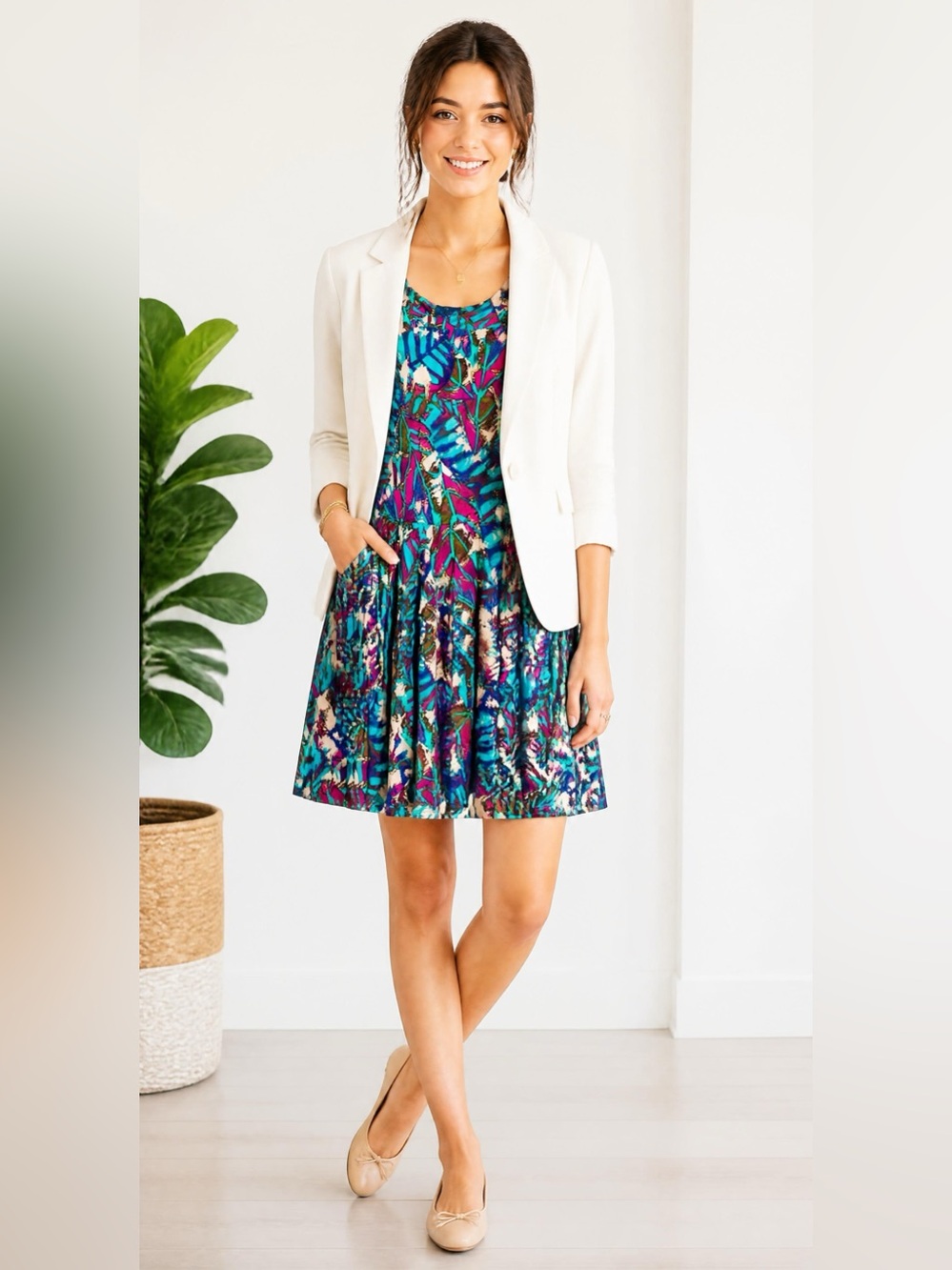 Cynthia Rowley Jewel Floral Abstract Skater Dress L Fall Boho Layering Career